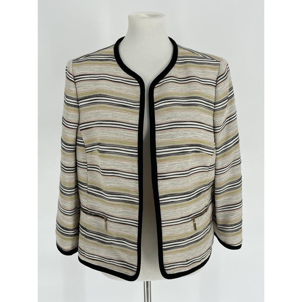 Kasper Women Sz‎ 16 Blazer Striped Multi Color Career Crop Jacket Open Front